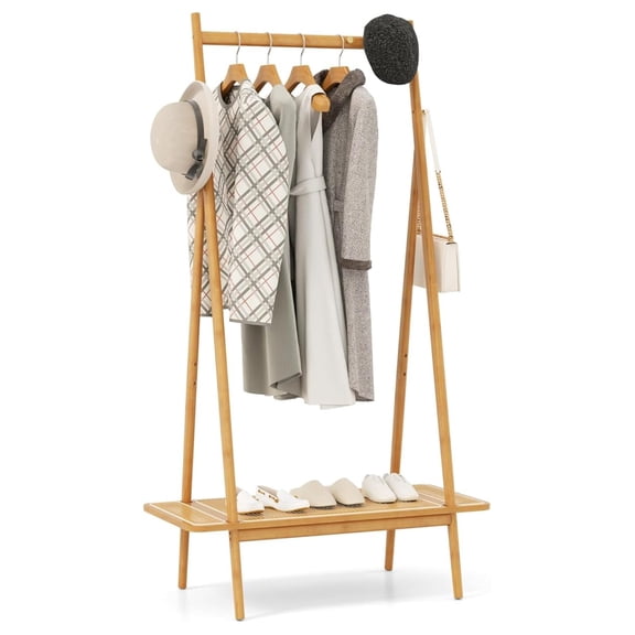 Bamboo Clothing Rack, 65.5 Clothes Rack with Top Hanging Rod, Rattan Shelf & 5 Copper , Large Garment Rack, Cloth Hanger Standing Organizer for Coats, Bags & Shoes (Natural)