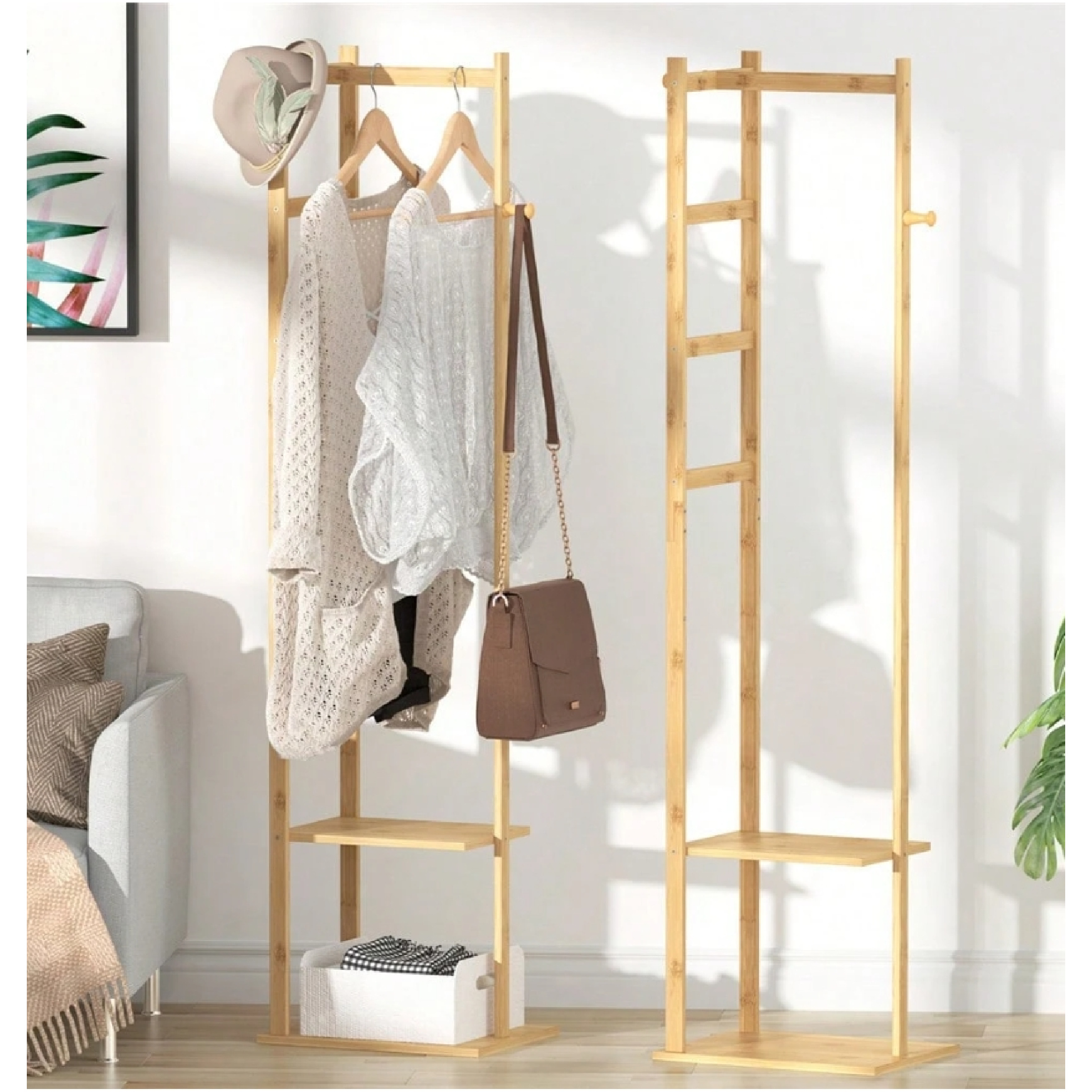 Bamboo Clothing Rack, Corner Coat Rack Stand Hall Trees Free Standing ...