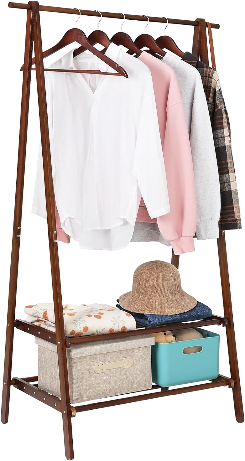 Bamboo Clothing Rack Foldable Clothes Hanging Stand with 2 Tier Storage ...