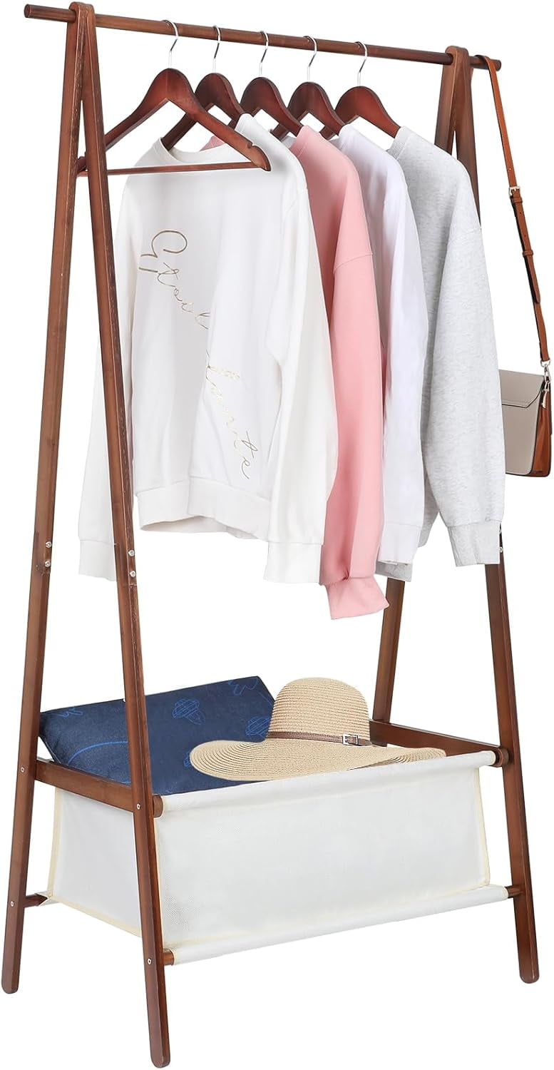Bamboo Clothing Rack Foldable Clothes Hanging Stand with 2 Tier Storage ...