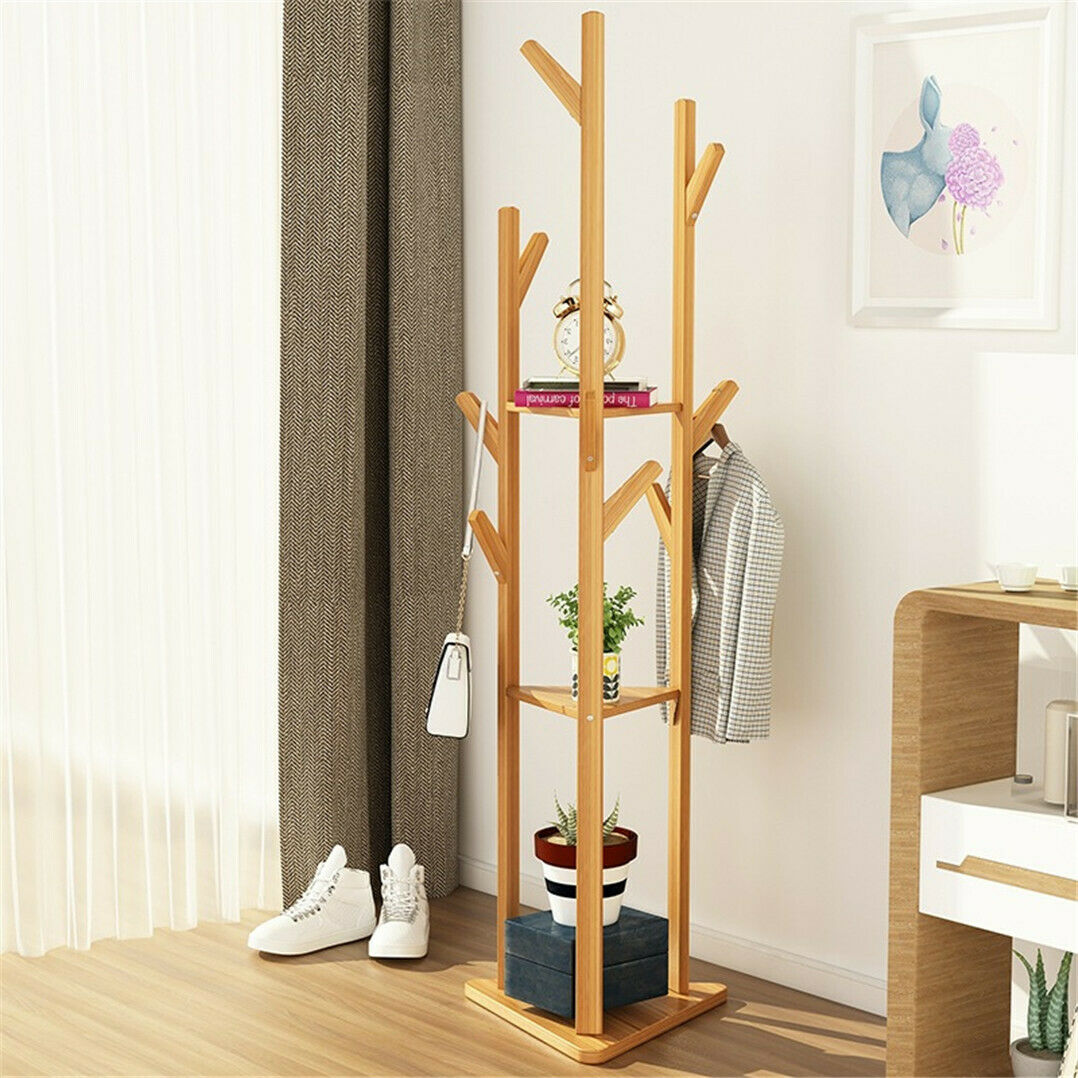 Bamboo Coat Hat Hanger Stand 10 Hooks Floor Standing Clothes Bags