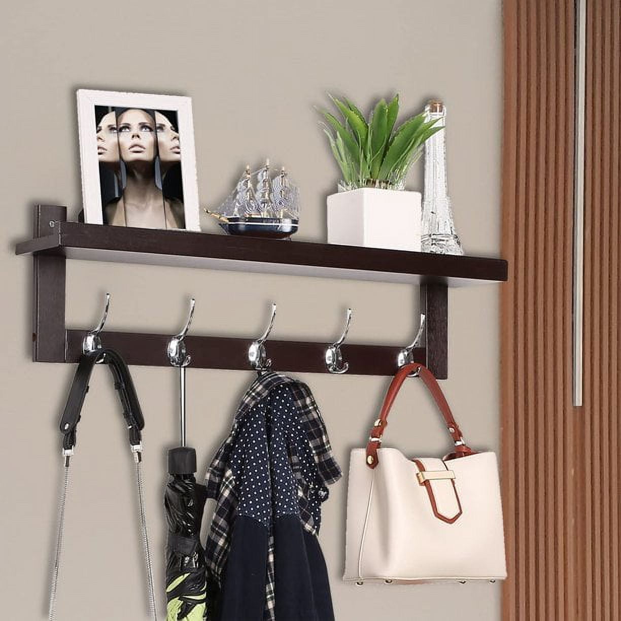 Bamboo Coat Rack Shelf Wall-Mounted Hanging Shelf Entryway Wall Shelf with  5 Dual Stainless Steel Hooks for Entryway, Bedroom, Bathroom, Kitchen