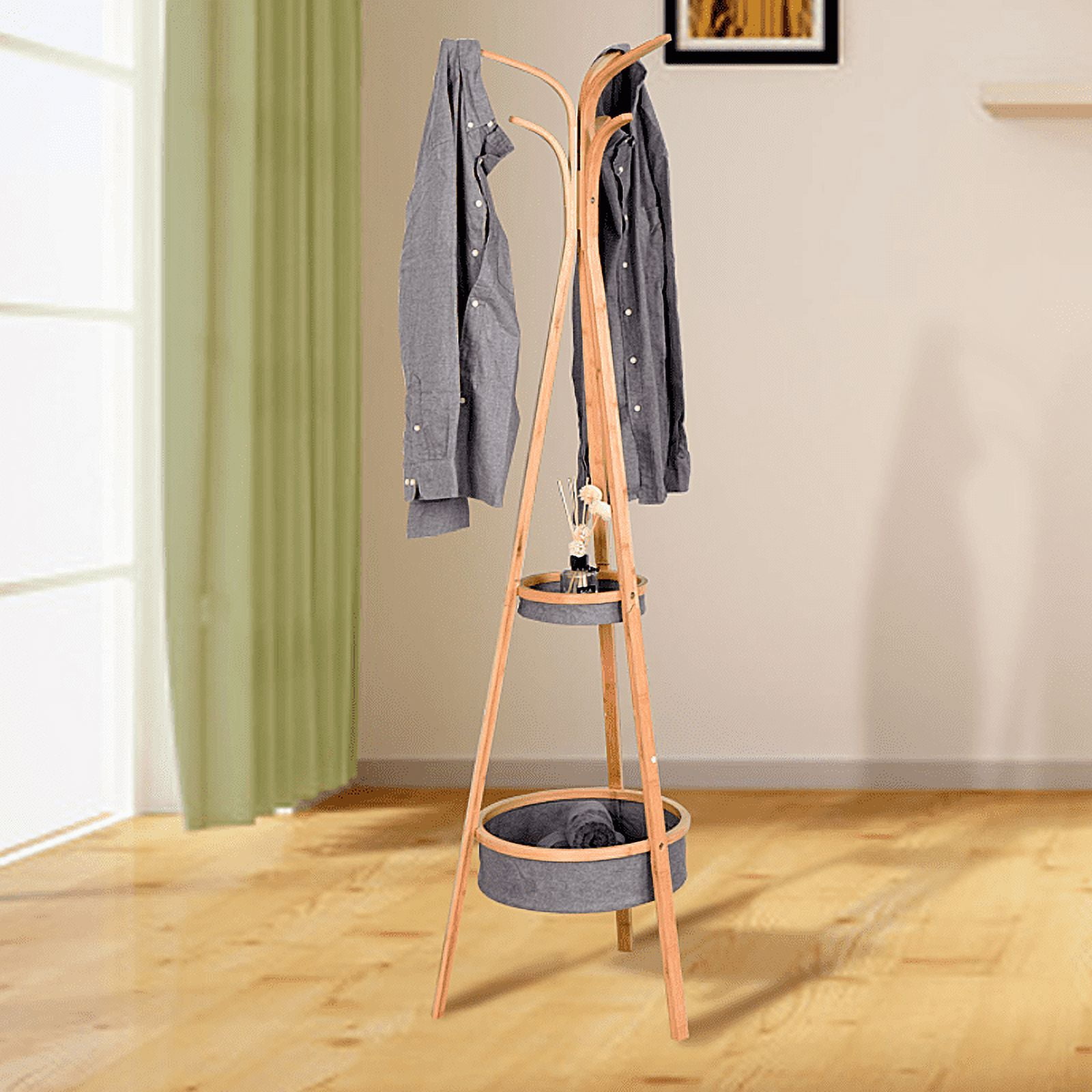 Bamboo Wooden Clothes Rail Garment Hanging Shelf Trigonal Base