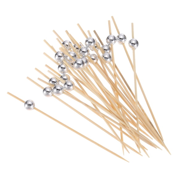 Bamboo Cocktail Toothpicks Silver Pearl Bead Drink Picks Skewer 100Pack