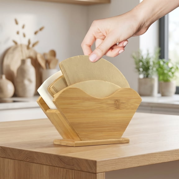 Bamboo Coffee Filter Holder, Renewable Stand Container Dispenser Rack Shelf for Square Cone-shaped and Flat-bottomed Pour Over Paper Filters