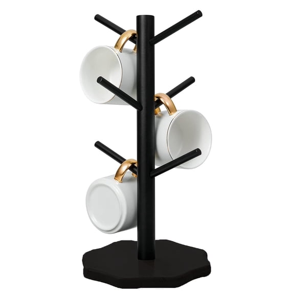 Bamboo Coffee Mug Tree, Mug Rack, Coffee Cup Holder, Thicker Wooden Base Coffee Cup Holder Stand for Counter, Countertop Organizer, Mug Rack with 6 Hooks, Black