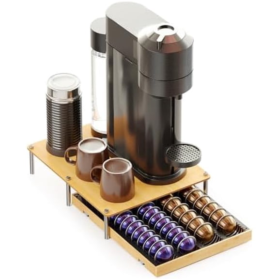 Bamboo Coffee Pod Holder Drawer Storage Compatible with Nespresso Vertuo Capsules, Coffee Station Accessories Holder Organizer Tray Compatible with 40 Big or 56 Small Pods, Natural