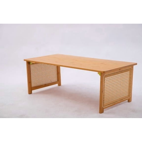 Bamboo Coffee Table, 100cm Long Rattan Design Side Table, Portable Folding Table for Living Room Bedroom, 154 lbs Capacity, Multi Functional Accent Furniture