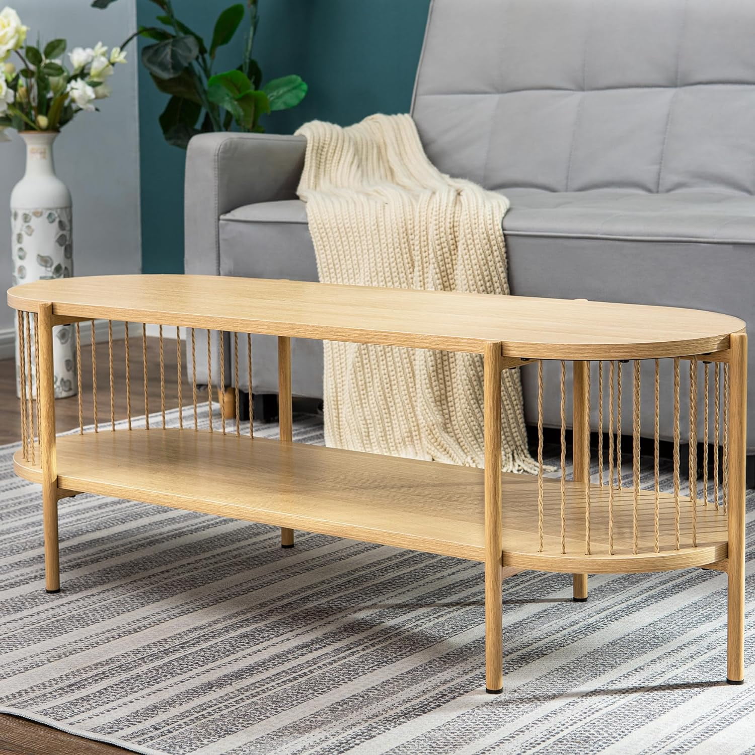 Bamboo Coffee Table For Living Room, 2-Tier Oval Coffee Table With ...