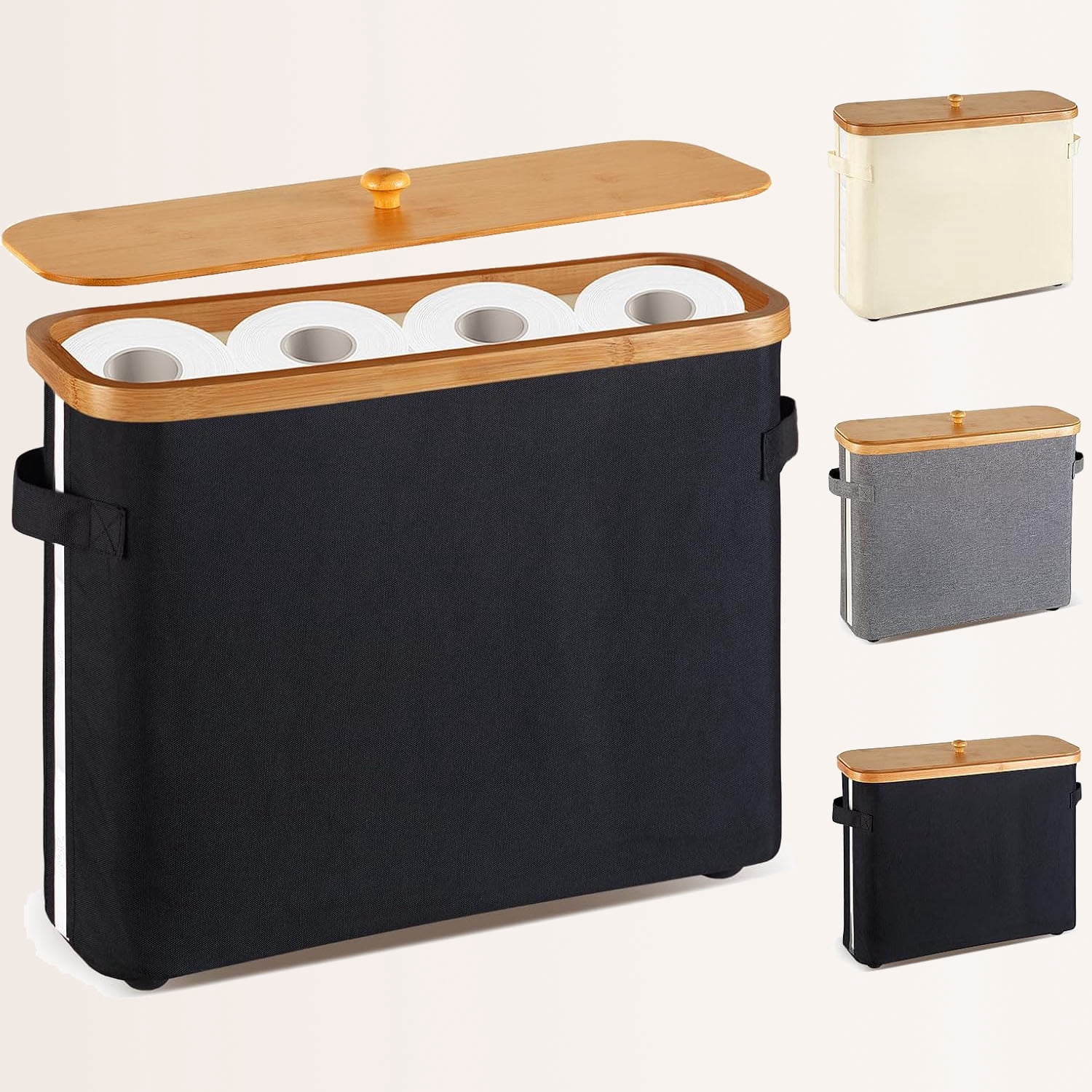 Bamboo Collapsible Toilet Paper Holder Storage with Lid, Handle and Non ...