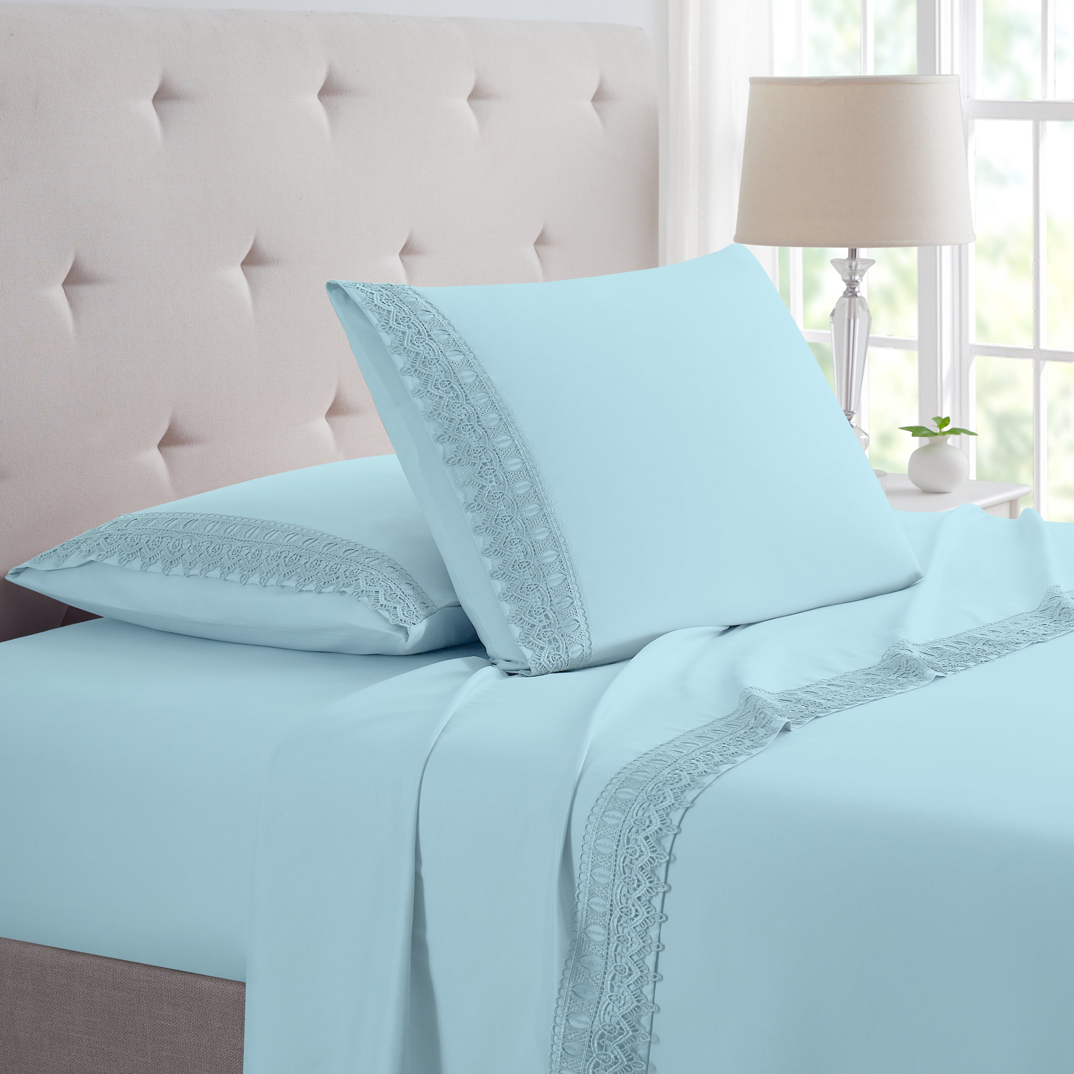 Bamboo Comfort Lace Crochet Embroidery 4 Piece Sheet Set - Aqua - Queen