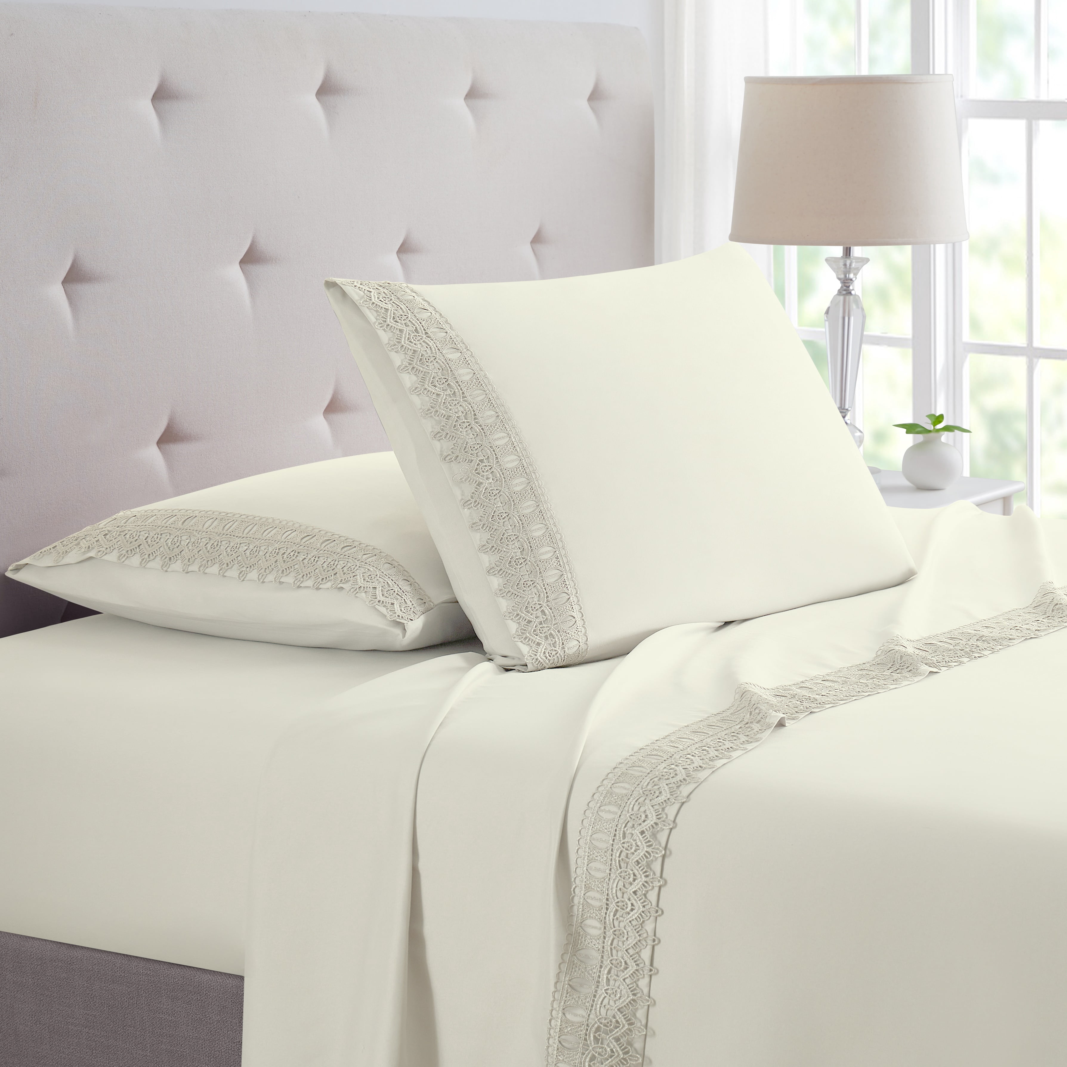 Bamboo Comfort Lace Crochet Embroidery 4 Piece Sheet Set - Ivory - King