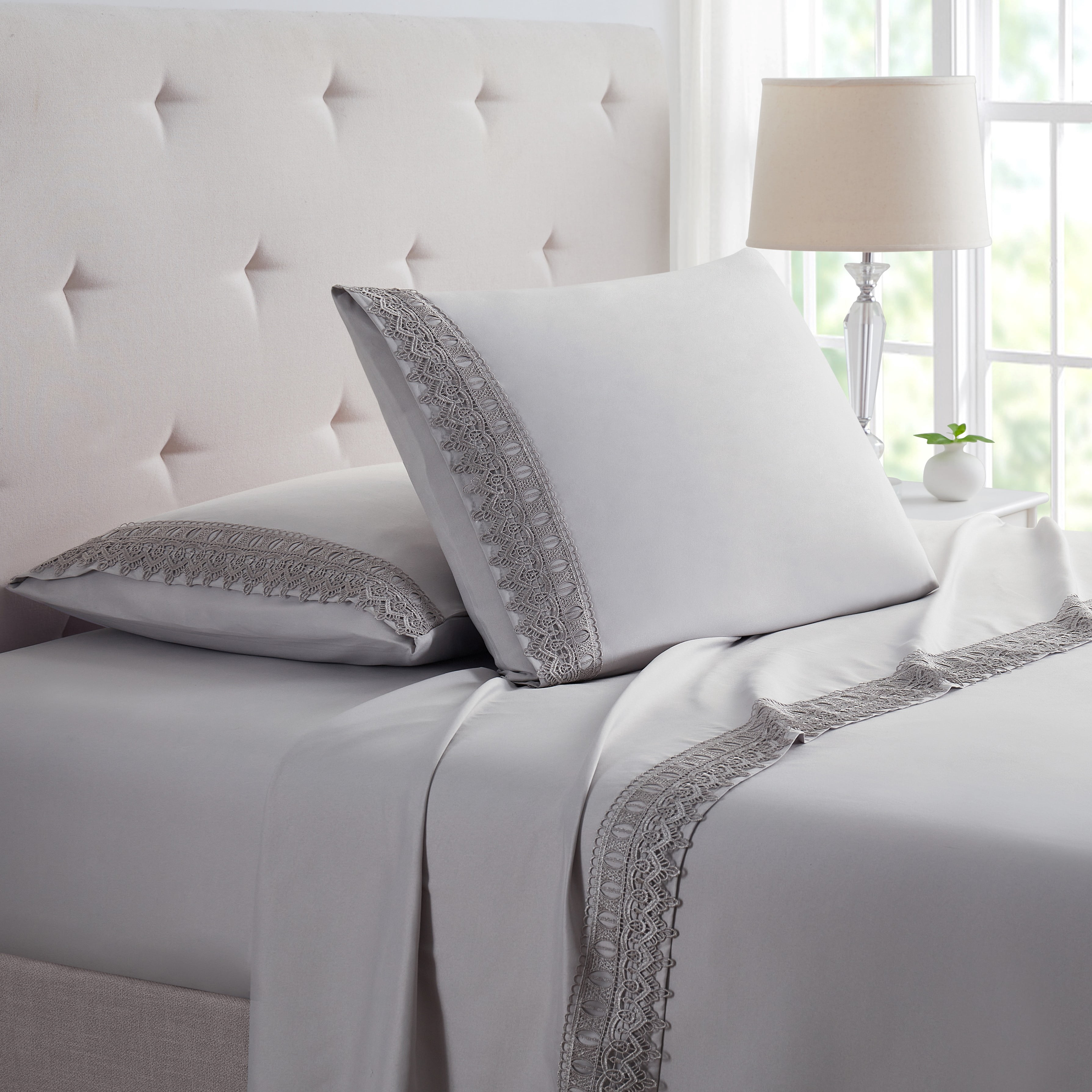 Bamboo Comfort Lace Crochet Embroidery 4 Piece Sheet Set - Silver Grey - King