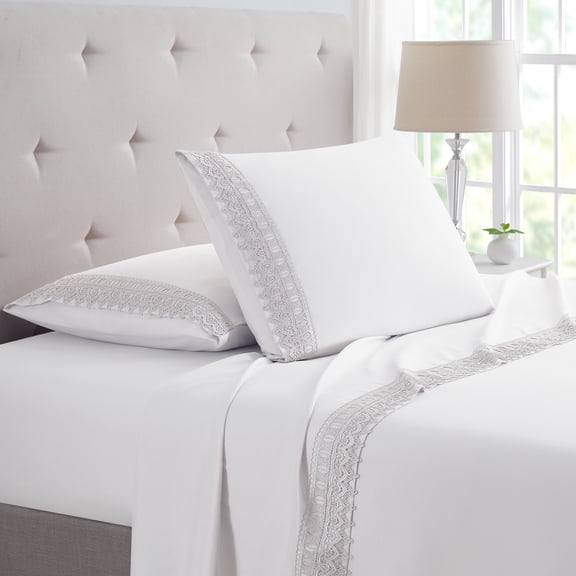 Bamboo 1800 Thread Count Lace Crochet Embroidery 4 Piece Sheet Set