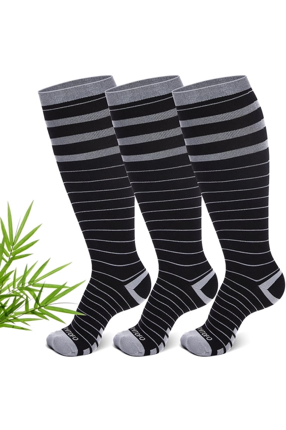 Bamboo Viscose Compression Socks for Women Men Wide Calf, AMITOFO 15-20 mmHg Plus Size Knee-High Compression Socks, 3-Pack for Nurses, Pregnancy, Travel, Running, and Everyday Wear