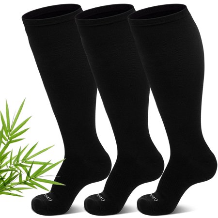 Bamboo Viscose Compression Socks for Women Men Wide Calf, AMITOFO 15-20 mmHg Plus Size Knee-High Compression Socks, 3-Pack for Nurses, Pregnancy, Travel, Running, and Everyday Wear