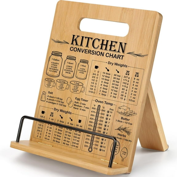 Bamboo Cookbook Stand for Counter, Recipe Book Holder with Measurement Conversion Chart, Adjustable Cookbook Holder, Essential Accessories Women Gifts for Birthday Christmas