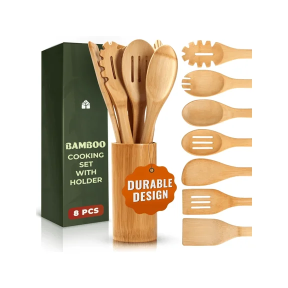 Bamboo Cooking Utensils Set 7-Piece with Holder, Nonstick Safe Wooden Spoon Set for Cooking, Heat Resistant Organic Kitchen Tools, Sturdy and Lightweight Spatula Set, Natural