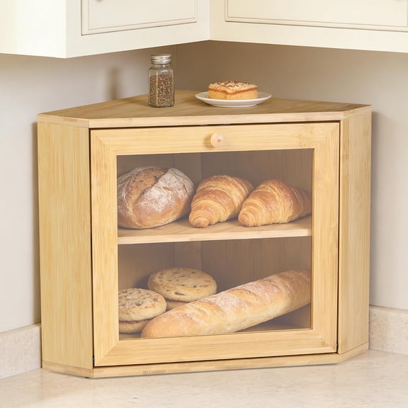 Bamboo Corner Bread Box, Double Layer Airtight Storage Bin with Clear Acrylic Window & Magnetic Latch, Farmhouse Countertop Space Saver for Homemade Bread