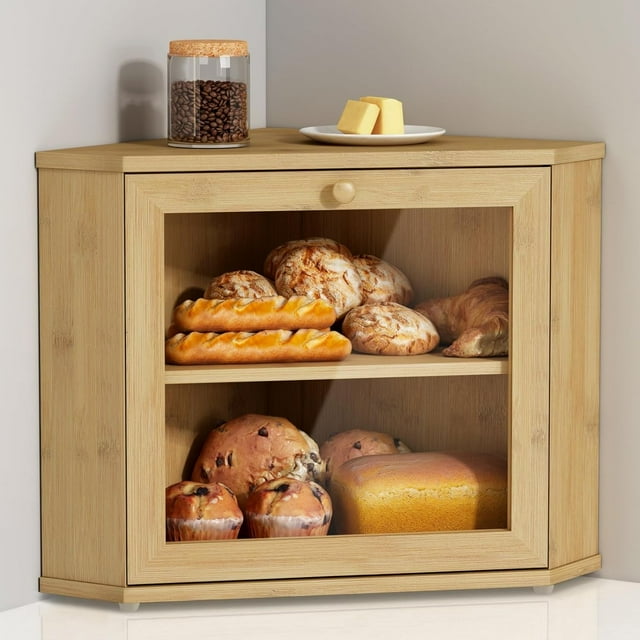 Bamboo Corner Bread Box for Kitchen Counter, 2 Tier Bread Keeper Wooden