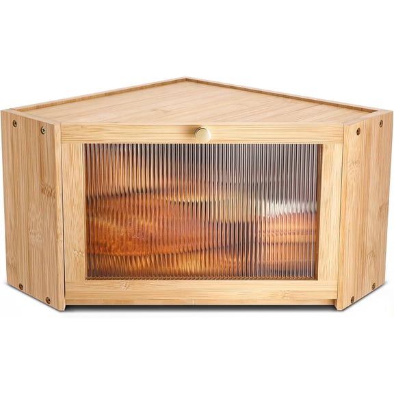 Bamboo Corner Bread Box With Acrylic Door Large Capacity Bread Storage Container For Kitchen Countertop Or Under Cabinet Mount