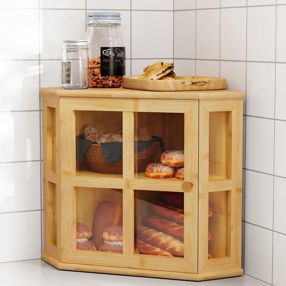 Bamboo Corner Bread Box for Kitchen Countertop, 2 Tier Bread Storage for Homemade Bread with Acrylic Door, Large Kitchen Counter Storage Bread Bin