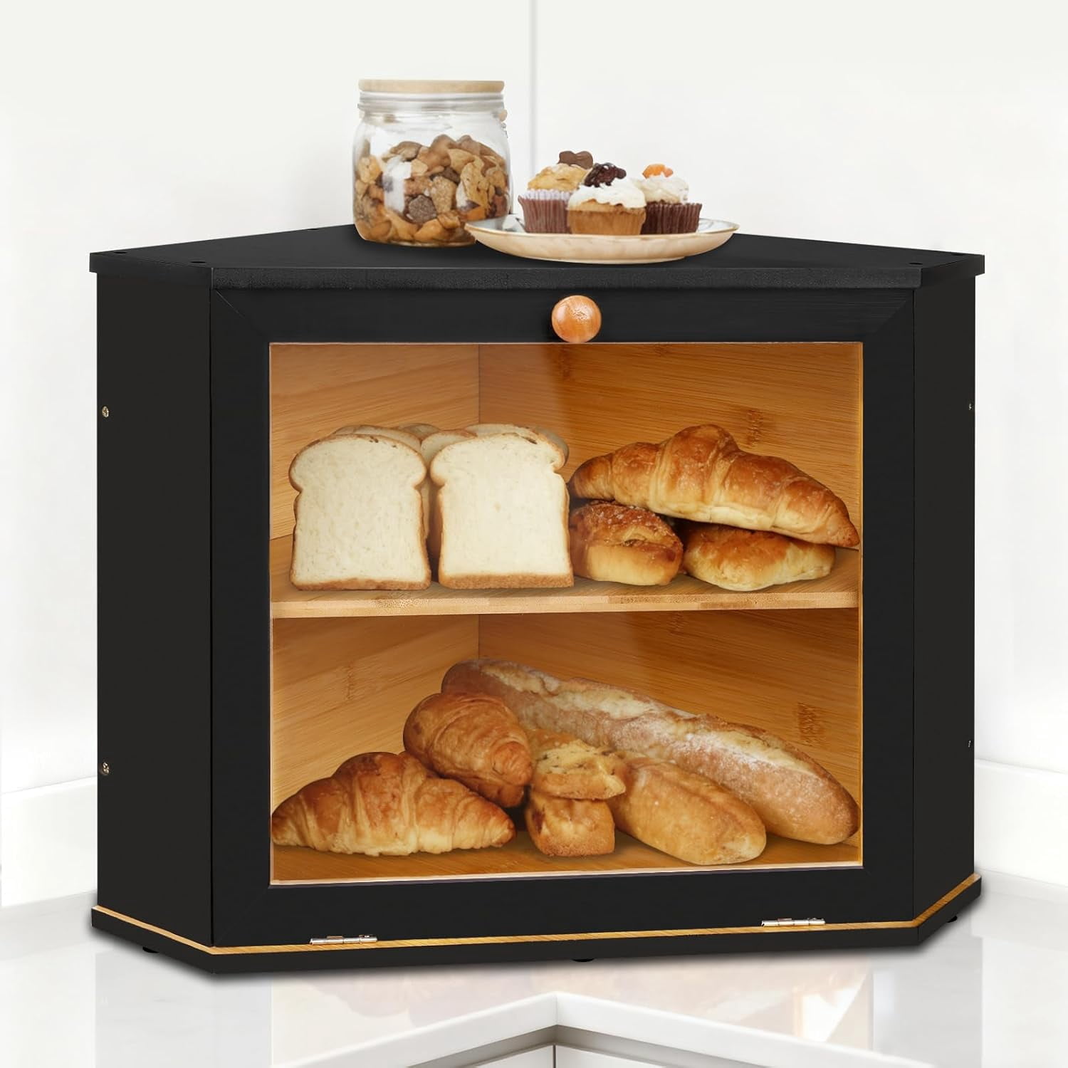 Bamboo Corner Bread Box for Kitchen Countertop - Double Layer Bread ...