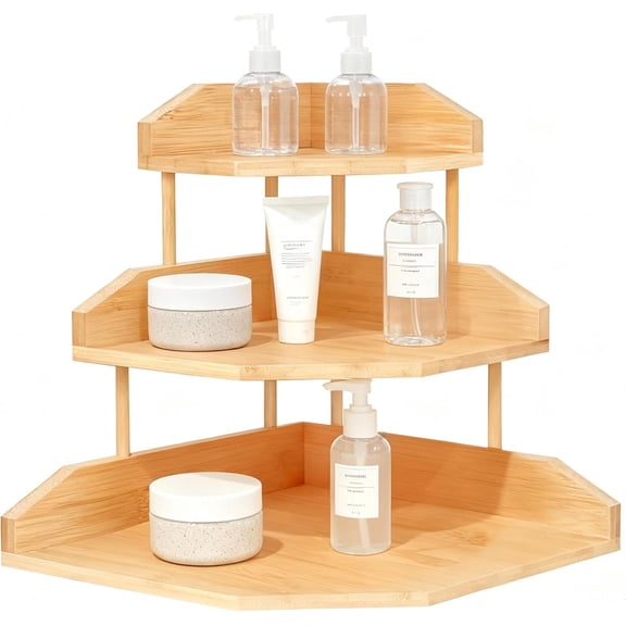 Bamboo Corner Desk Organizer Shelf, 3-Tier Triangle Storage Rack for Office & Home, Space-Saving Desktop Shelf for Books, Stationery, Makeup, Small Items