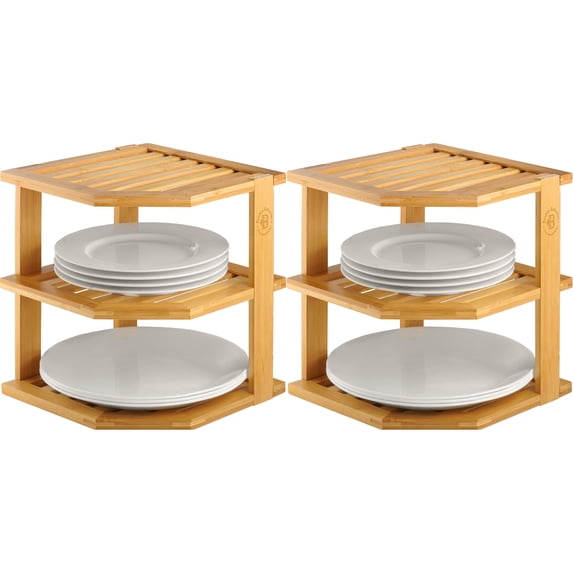 Bamboo Corner Plate Organizer for Cabinet, Space Saving Cupboard Organizer Shelf for Plates, Bowls and Dishes - Natural, 2 Pack
