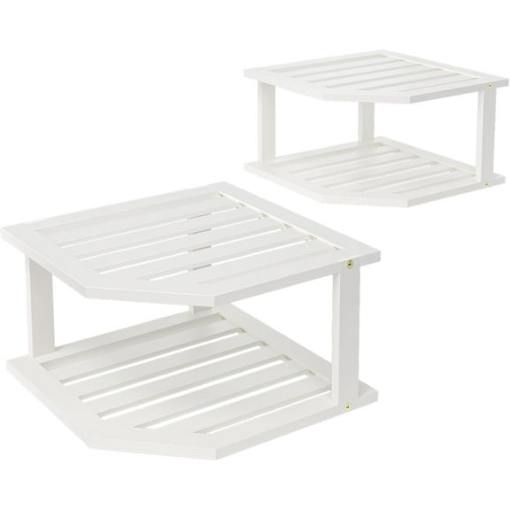 Bamboo Corner Shelf(2 Pack),2 Tier Plate Organizer for Cabinet and Countertop,Pantry Dish and Spice Rack for Kitchen(White)