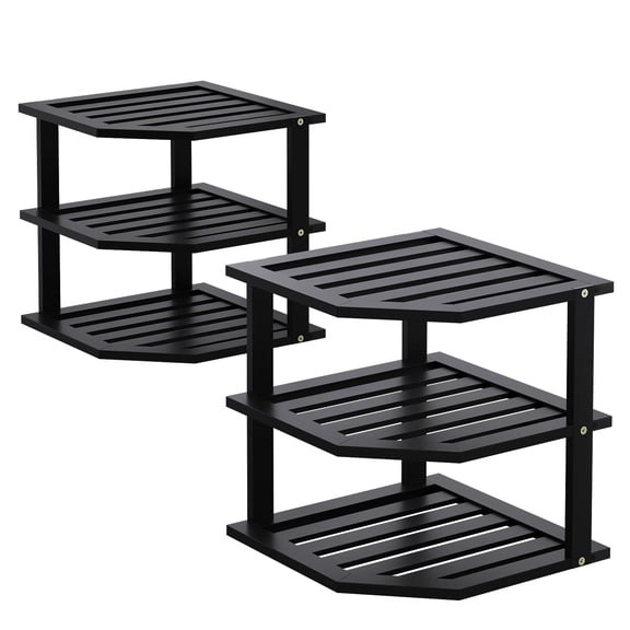 Bamboo Corner Shelf(2 Pack),3 Tier Plate Organizer for Cabinet and Countertop,Pantry Dish and Spice Rack for Kitchen(Black)