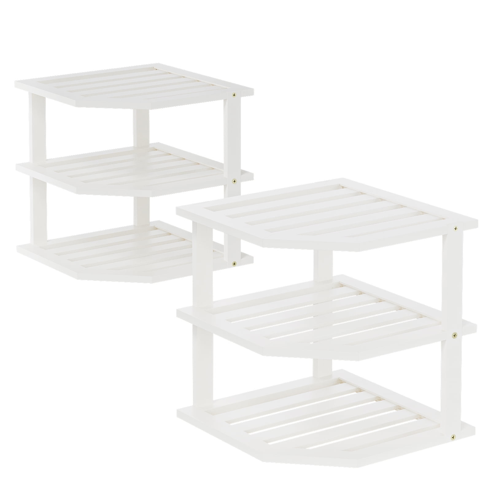 Bamboo Corner Shelf(2 Pack),3 Tier Plate Organizer for Cabinet and Countertop,Pantry Dish and Spice Rack for Kitchen(White)