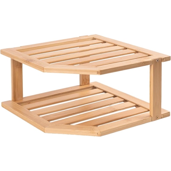 Bamboo Corner Shelf,2 Tier Plate Organizer for Cabinet and Countertop,Pantry Dish and Spice Rack for Kitchen