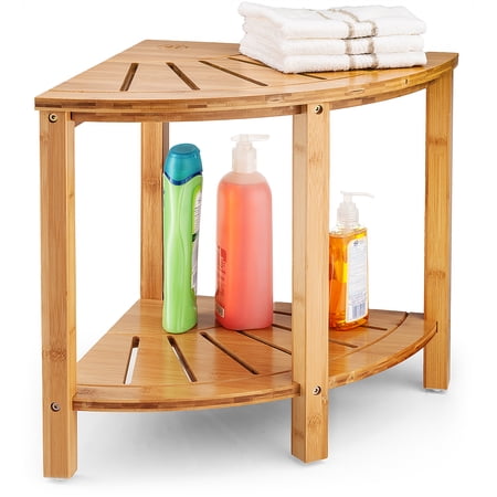 Bamboo Corner Shower Bench with Shelves for Home Decor, Perfect Indoor and Outdoor Wood Corner Shower Seat by Bambüsi