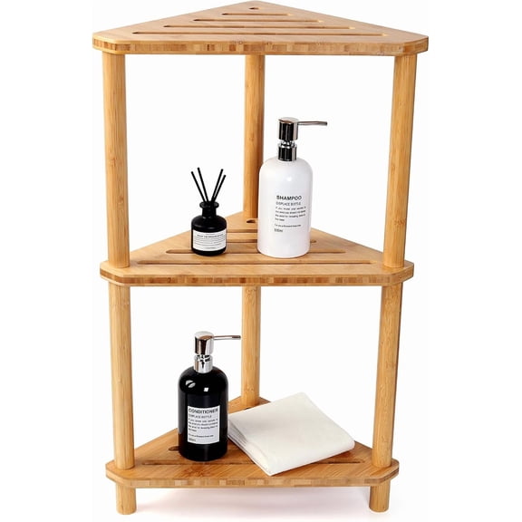 Bamboo Corner Shower Stool,2-Tier Waterproof Shower Stool for Inside Shower Shaving Leg,Small Spaces,Shower Foot Rest with Storage Shelf,Shower Bench,Bath Seat,Corner Nightstand gift for women mom