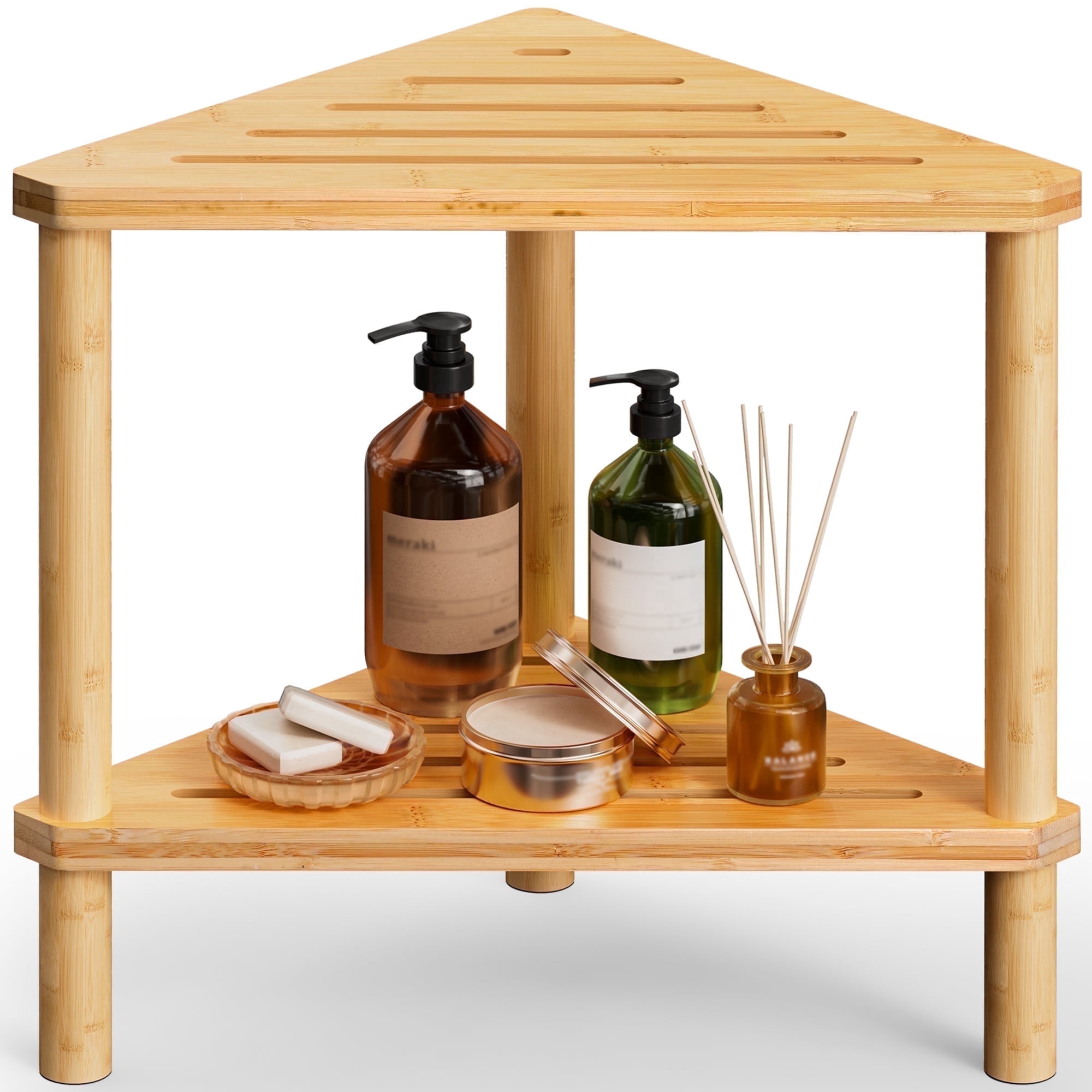 Compact Corner Shower Stool for Inside Shower Waterproof, Bamboo Bathroom Shower Corner Bench Seat, Bathroom Organizers and Storage, Shower Shaving Foot Rest with Non-Slip, Wood Color