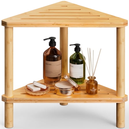 Compact Corner Shower Stool for Inside Shower Waterproof, Bamboo Bathroom Shower Corner Bench Seat, Bathroom Organizers and Storage, Shower Shaving Foot Rest with Non-Slip, Wood Color