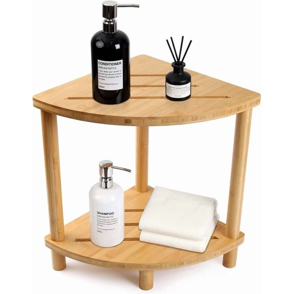 Bamboo Corner Shower Stool with 2-Tier Foot Rest and Storage Shelf