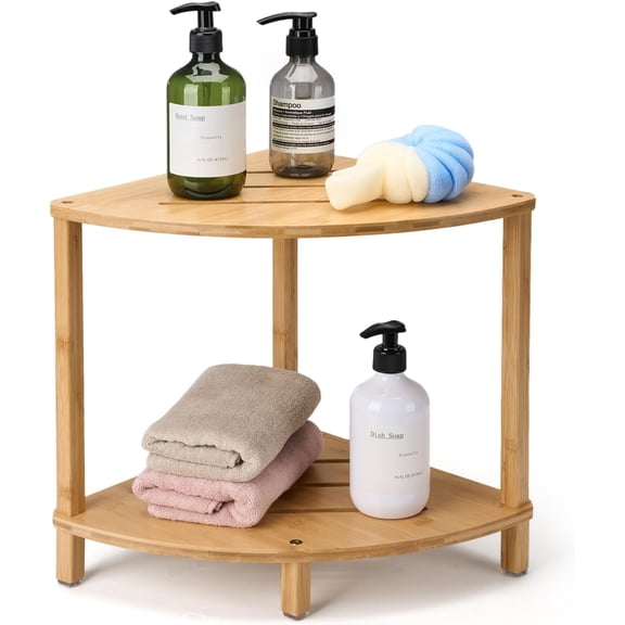Bamboo Corner Stool for Inside Shower, 2-Tier Shower Waterproof Step with Anti Slip Feet, Foot Rest Storage Shelf, Small Spaces