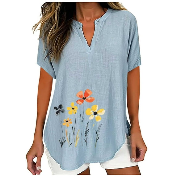 Bamboo Cotton Tunic Blouses for Women Summer Short Sleeve Tee Blouse Button-Up Henley Neck T-Shirt Flower Graphics Cute Tunics Tops Lounge Dressy Shirts Going Out Holiday Outfits