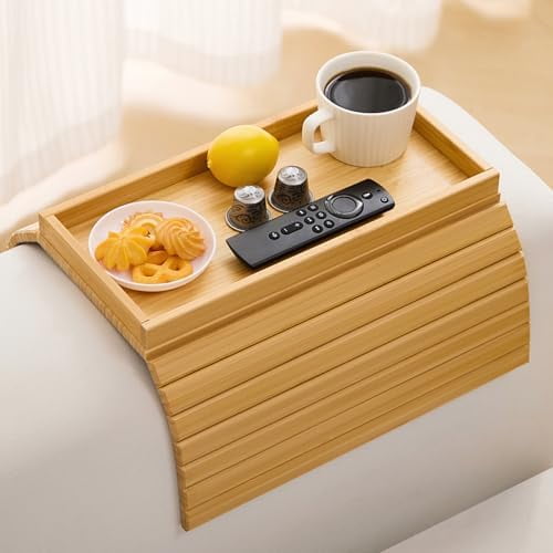 Bamboo Couch Arm Tray Table,Foldable Sofa Armrest Tray Table for Couch,Flexible and Anti-Slip Couch Arm Cup Holder,Portable Sofa Arm Chair Table for Drink,Cups, Eats,Snacks, Phone, Remote