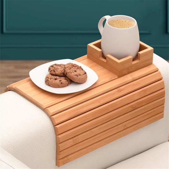 Bamboo Couch Arm Tray Table, Foldable Sofa Armrest Tray Table for Couch, Flexible and Anti-Slip Couch Arm Cup Holder Tray, Portable Sofa Arm Table Tray for Drink Cups Eats Snacks Phone Remote