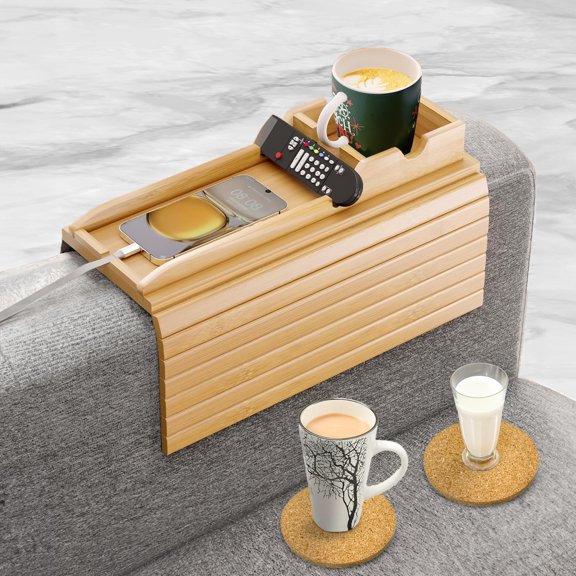 Bamboo Couch Armrest Table with Cup Holder and Coasters
