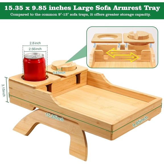 Bamboo Couch Cup Holder, 4 in 1 Couch Arm Trays with 360°Rotated Phone Holder, Non-Slip Clip on Side Table for Drinks/Remote/Snacks, Ideal Gift for Husband, Wife, Parents