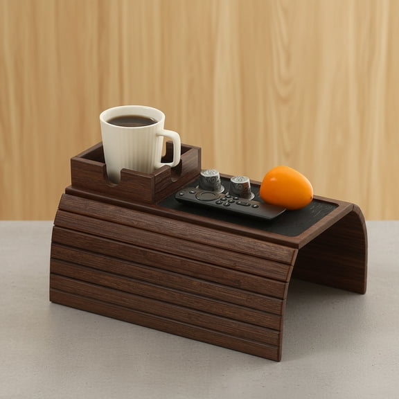 Bamboo Couch Cup Holder Arm Tray Table with Anti-Slip Cork Pad, Couch Drink Holder, Sofa Cup Holder Armrest Tray, Foldable Arm Chair Table for Drink, Cups, Snacks, Phone, Remote (Brown)