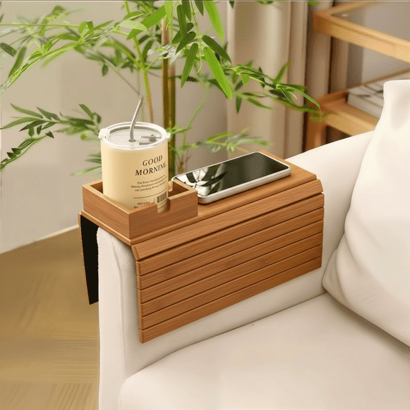 Bamboo Couch Cup Holder for Drink & Snack, Couch Arm Table & Couch Armrest Tray with Couch Cup Holder Tray Table for Couch, Recliner, or Loveseat, Couch Caddy.