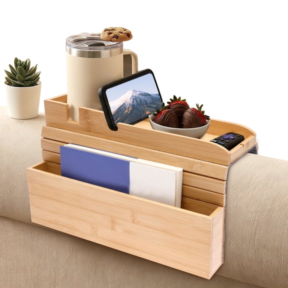 Bamboo Couch Cup Holder Tray Couch Arm Tray 2 in 1 Anti-Slip Foldable Sofa Arm Tray Couch Armrest Table Anti-Spill Couch Arm Table for Drinks TV Remote Cellphone Snacks