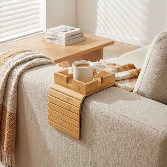Bamboo Couch Cup Holder Tray, Large Sofa Armrest Organizer for Drinks & Snacks 13.78"X4.33"
