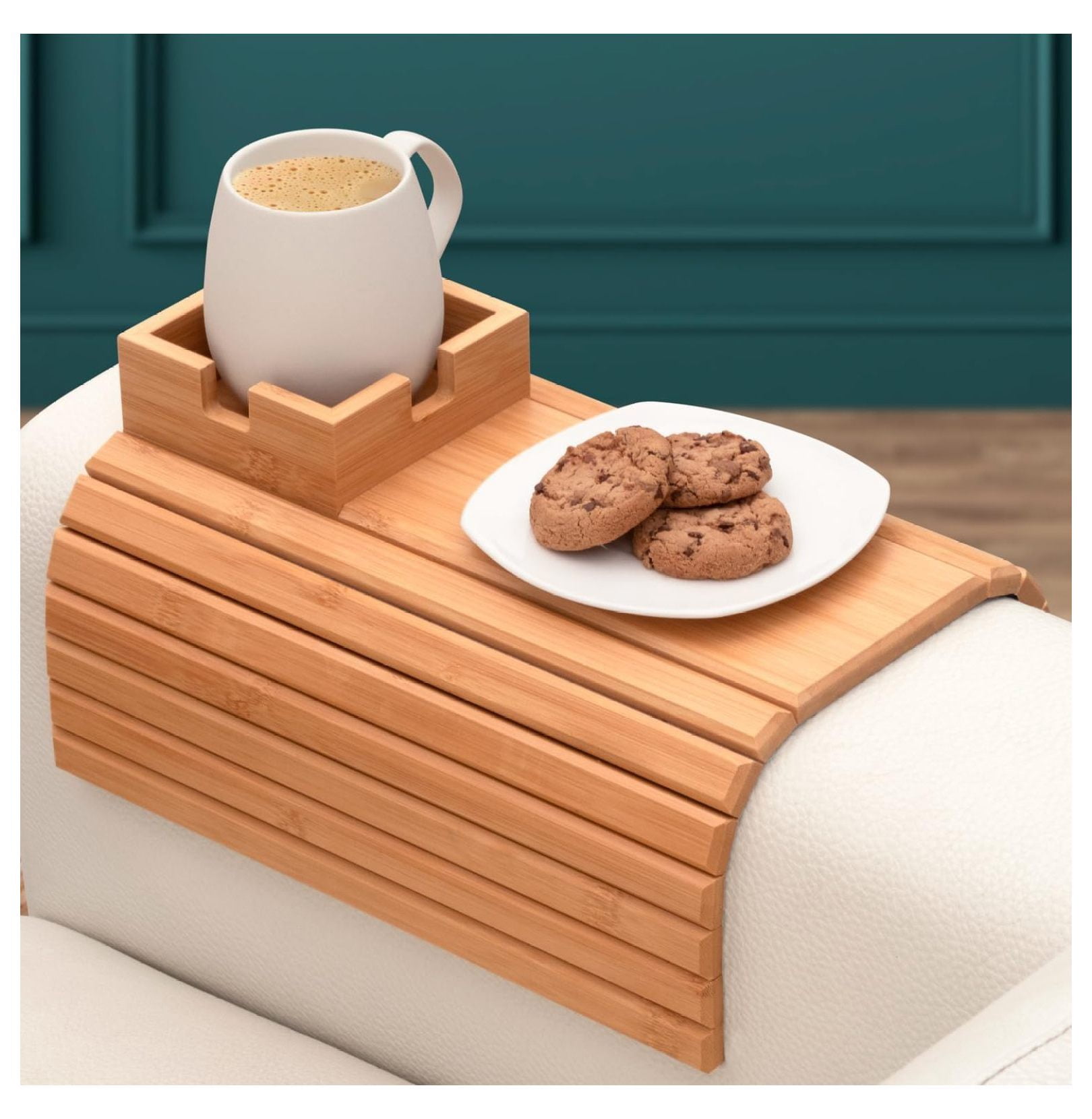 Bamboo Couch Tray With Snack Box & Wine Glass Holders - Couch Butler Organizer