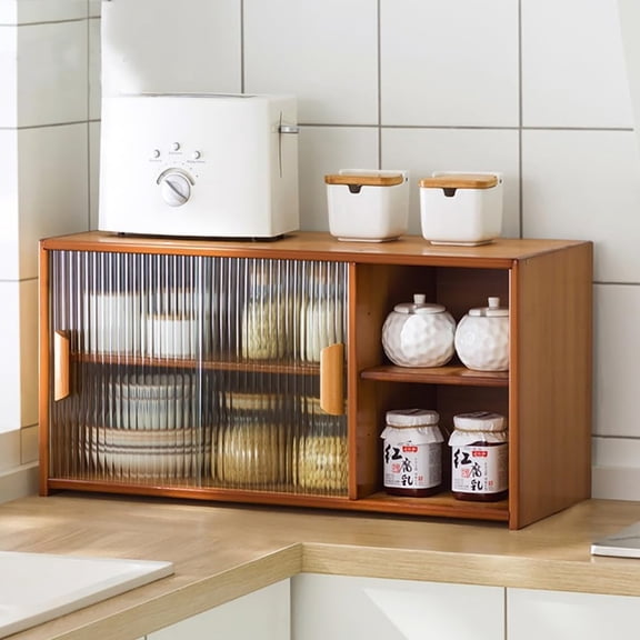 Bamboo Countertop Cabinet with Sliding Glass Doors-Adjustable Shelves,Kitchen Storage Organizer Small Freestanding Storage Cabinet for Pantry,Spices,Bread Box,Walnut,26.3 * 11 * 13.4in